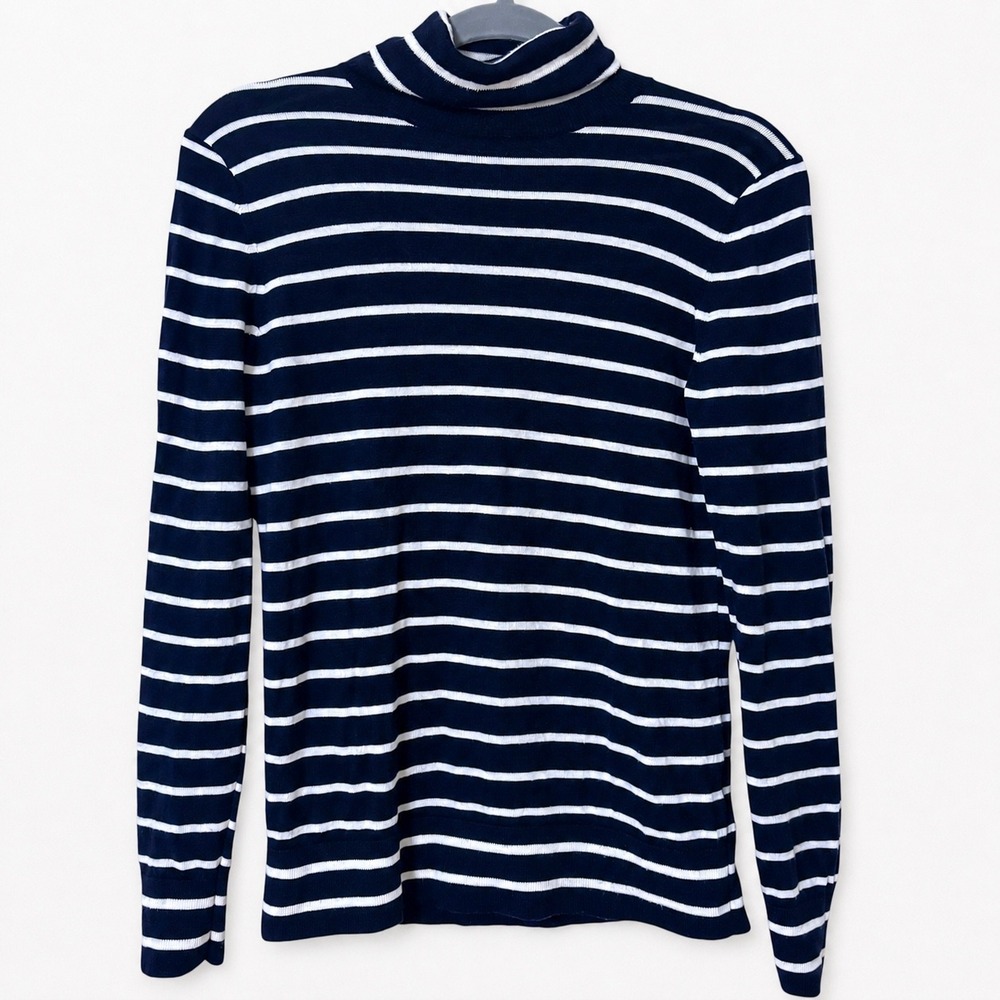 Banana Republic Womens S Turtleneck Sweater Navy Blue White Striped Merino Wool